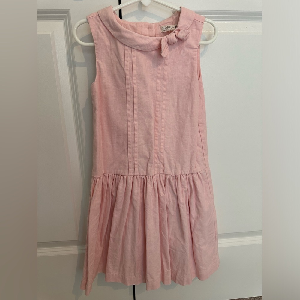 Hope & Henry girls pink linen rosebud bow dress, Size 6